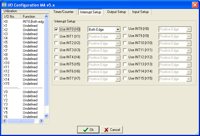 Configuración, (Both Edge), generará dos interrupciones, una en el flanco (+) (X0+I), y otra en el (-) (X0-I).