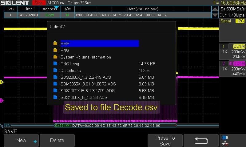 The four-channel SDS1X-E series firmware 6.1.26 adds the ability to save serial decode data as a CSV formatted file.