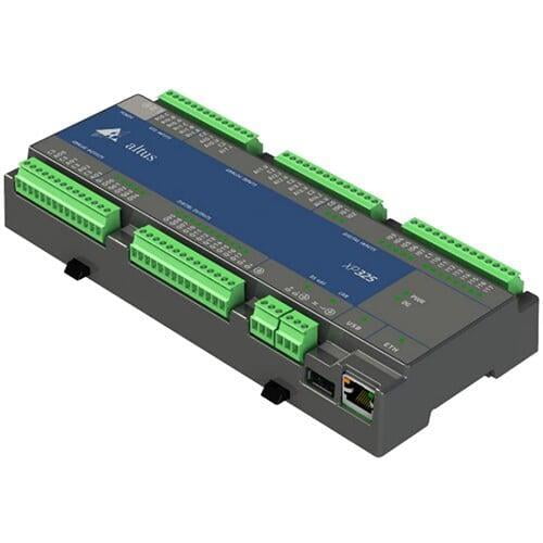 PLC compacto con CPU de alta velocidad, 1 puerto USB, 2 canales serie, 24 Vcc 16 DI, transistor 16 DO, 5 AI/voltaje, 2 AI RTD y 4 AO voltaje/corriente.